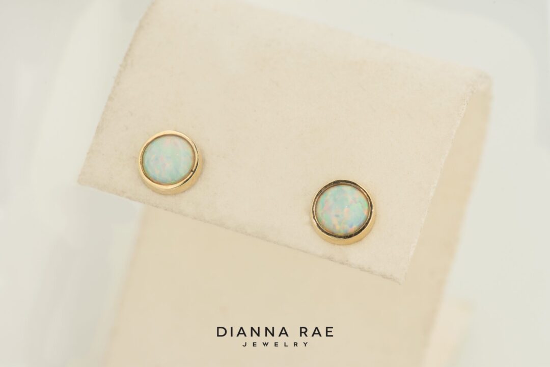 14k Yellow Gold Lab-Grown Opal Bezel Stud Earrings - Image 3