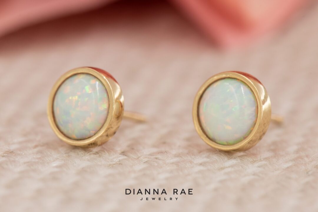 14k Yellow Gold Lab-Grown Opal Bezel Stud Earrings - Image 4