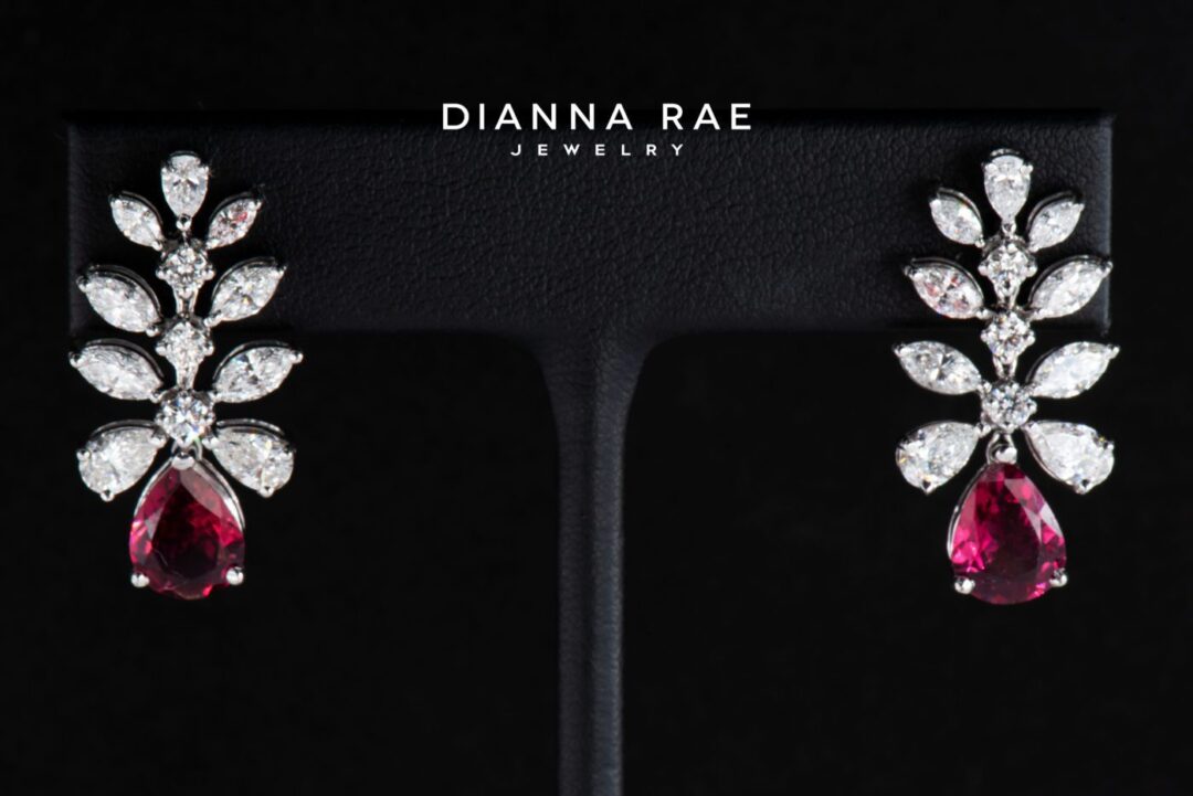 White Gold Pear Rubellite Tourmaline and Diamond Floral Dangle Earrings