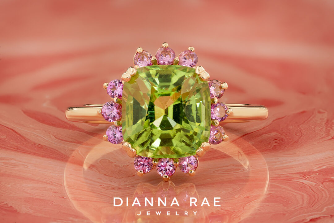 Peridot Ring with Pink Sapphire Accented Halo