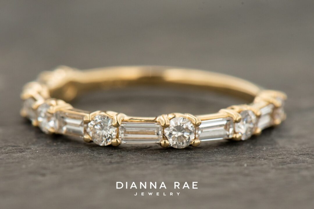 14k Yellow Gold Round and Baguette Diamond Wedding Band - Image 3