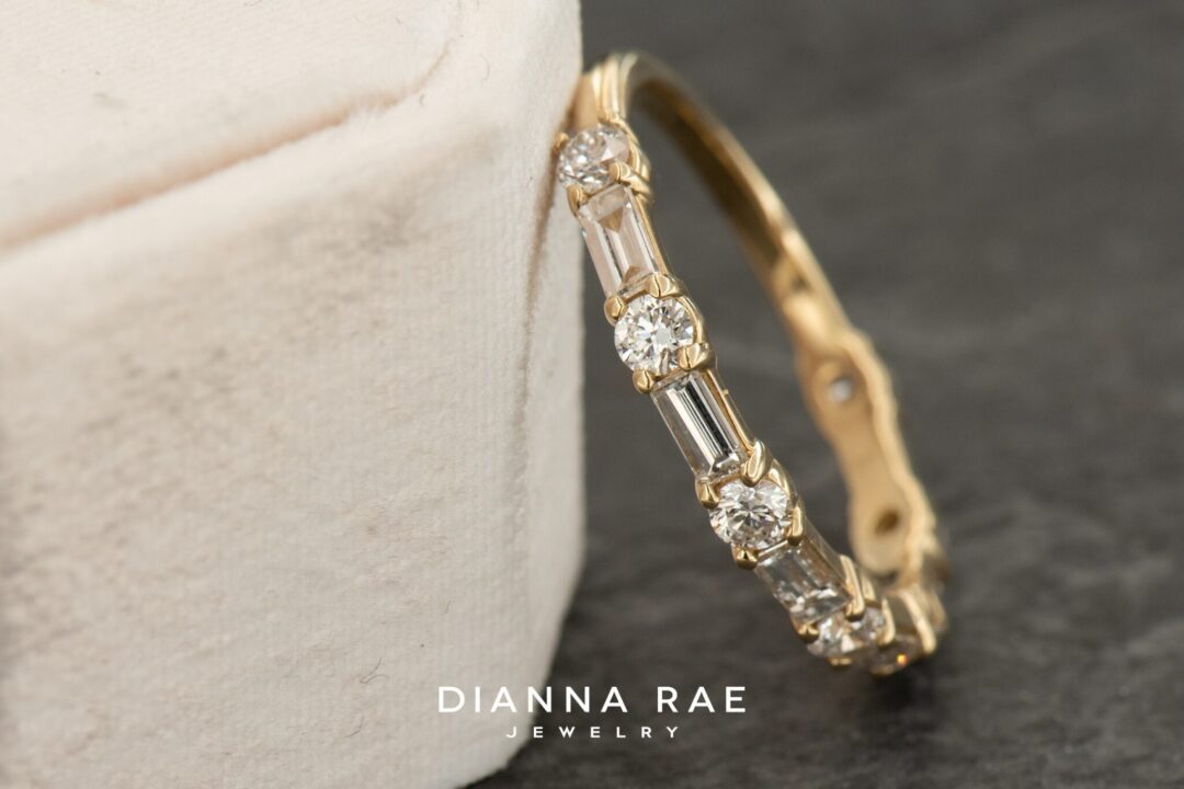 14k Yellow Gold Round and Baguette Diamond Wedding Band - Image 4