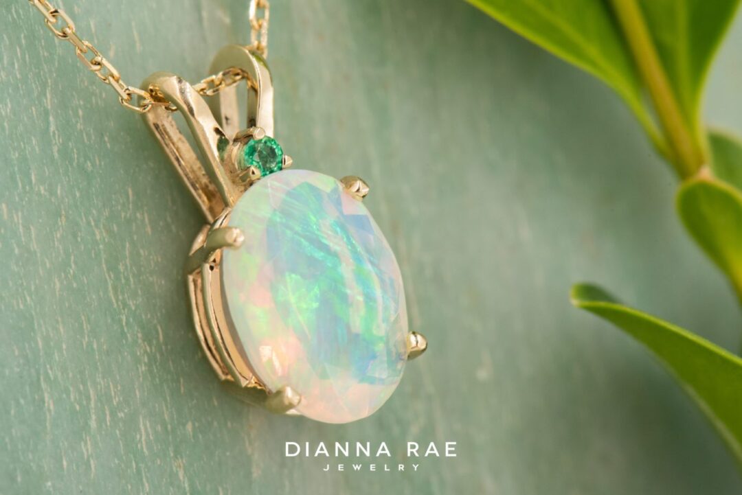 14k Yellow Gold Ethiopian Opal and Emerald Pendant - Image 2