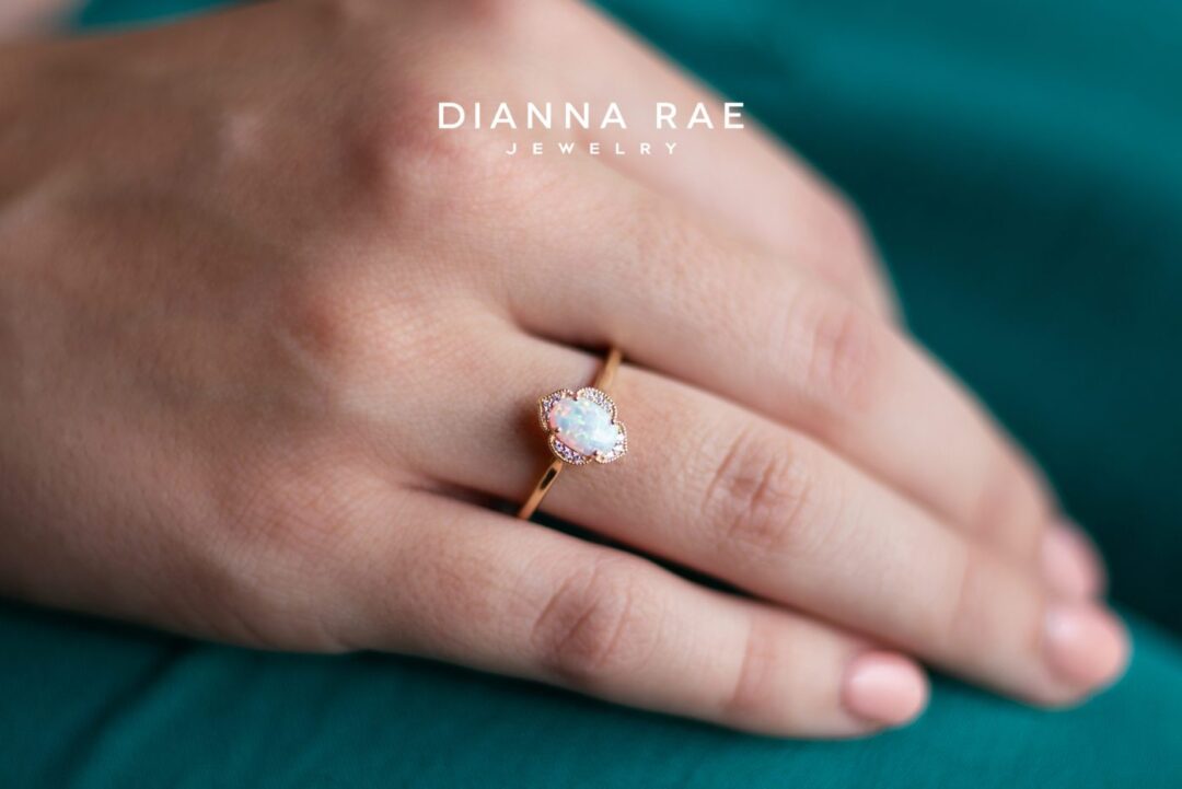 Yellow Gold Oval Imitation Opal and Lab-Grown Diamond Floral Halo Ring - Image 2