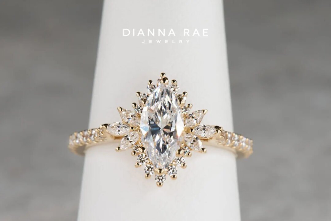 Orchid - Yellow Gold Marquise Vintage-Inspired Halo Engagement Ring - Image 2