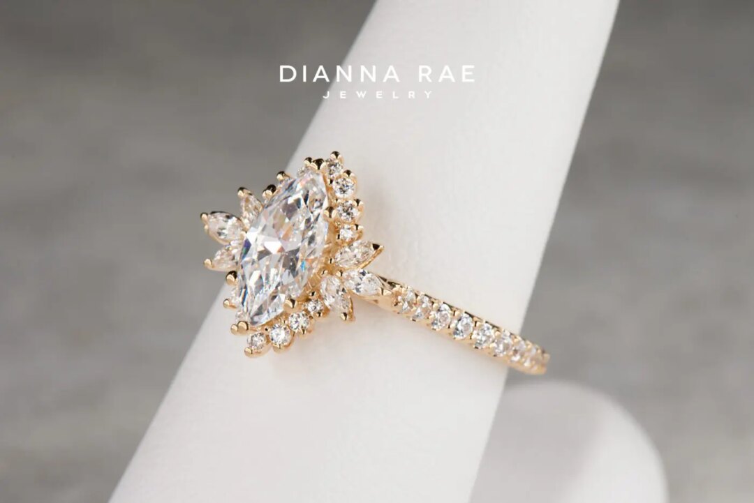 Orchid - Yellow Gold Marquise Vintage-Inspired Halo Engagement Ring - Image 3