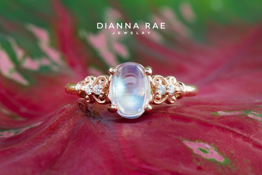 Rose Gold Vintage Scroll Moonstone Ring - Image 2