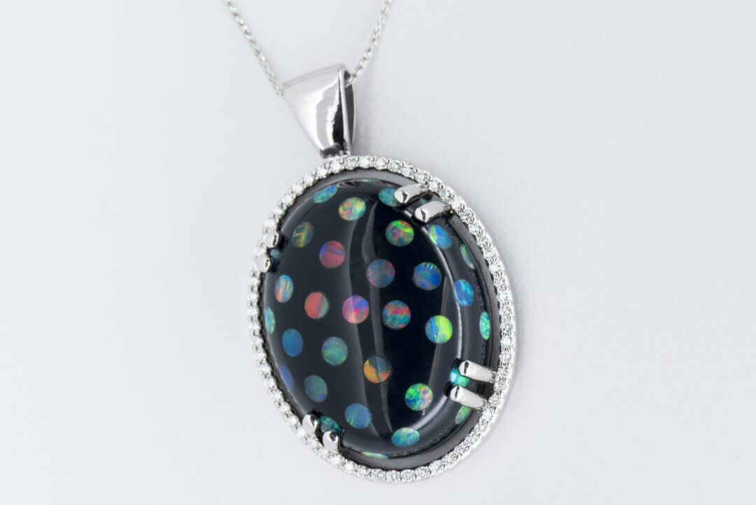 White Gold Spotted Opal Halo Pendant with Diamond Accents