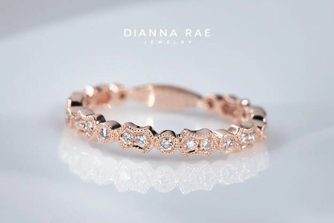 Rose Gold Diamond Stackable Wedding Band with Milgrain Accents - Image 2