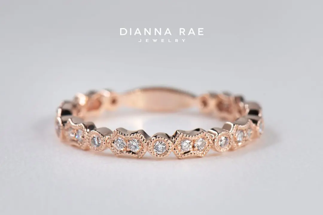 Rose Gold Diamond Stackable Wedding Band with Milgrain Accents
