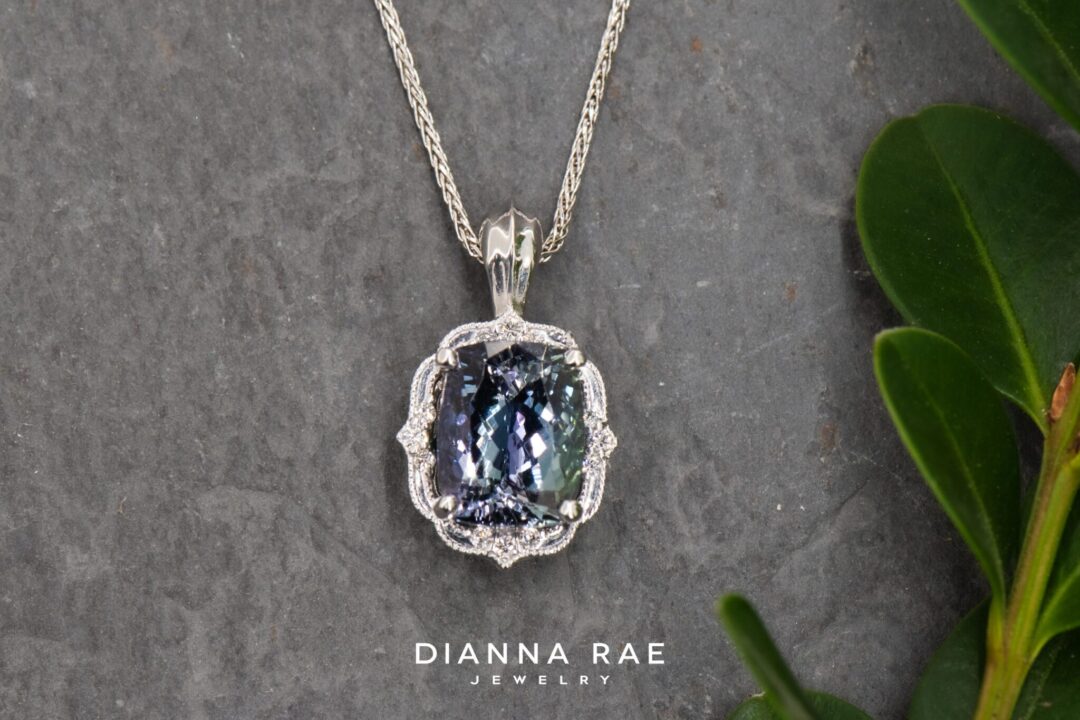 14k White Gold Cushion Peacock Tanzanite Daisy Pendant - Image 3