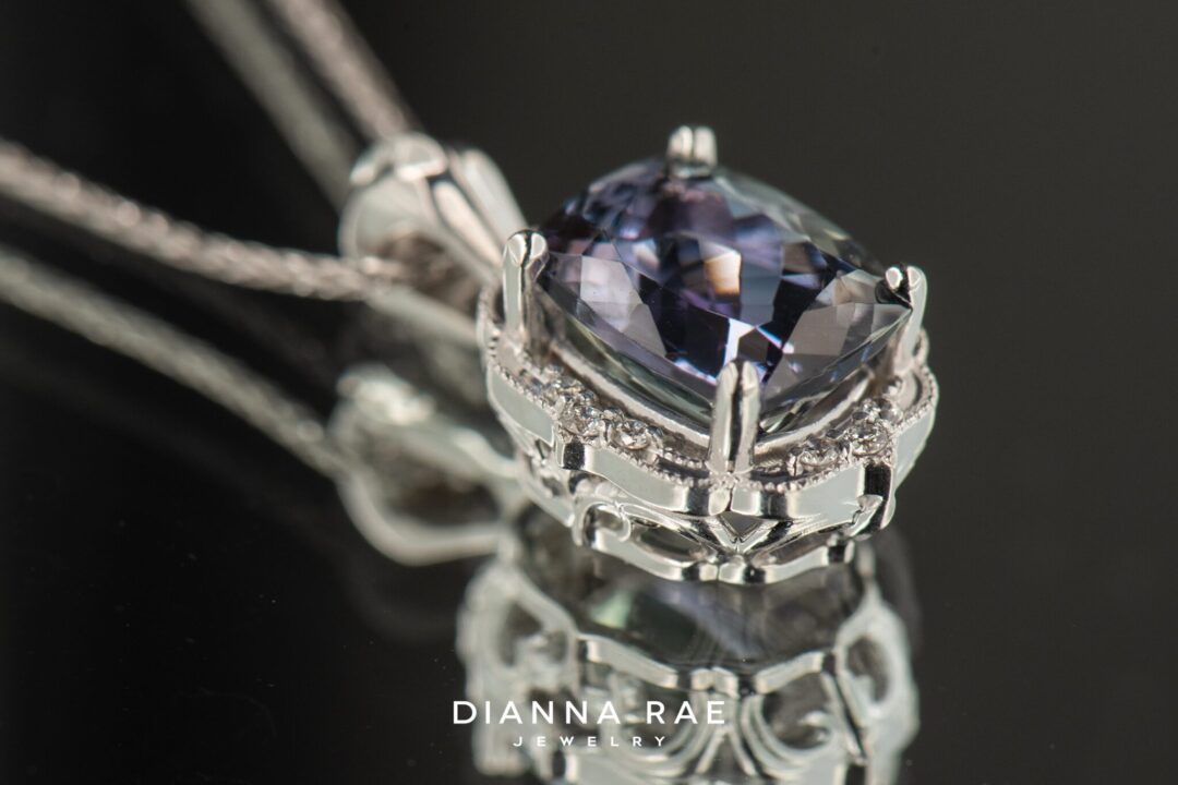 14k White Gold Cushion Peacock Tanzanite Daisy Pendant - Image 4