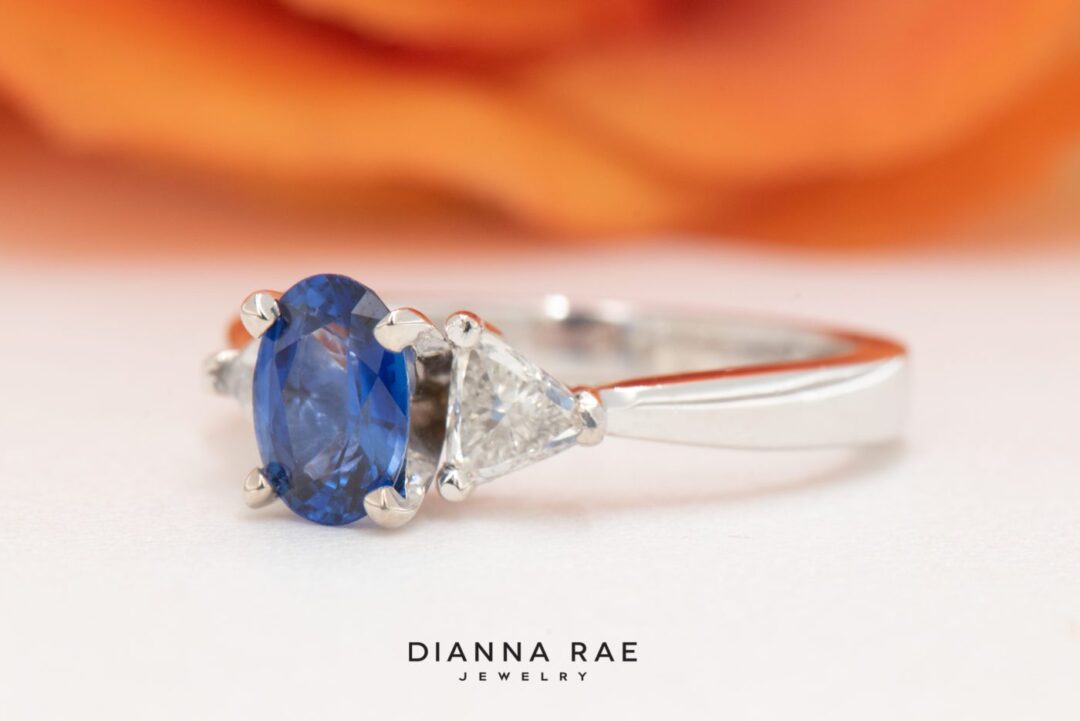 Platinum Oval Sapphire and Trillion Diamond Ring - Image 4