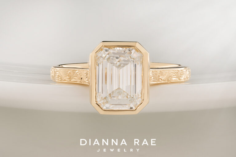 Bezel Set Emerald Cut Diamond Ring with Hand Engraving