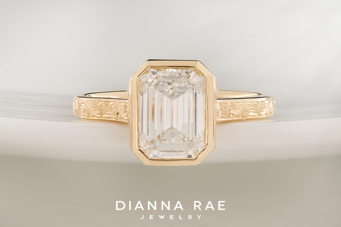 Bezel Set Emerald Diamond Ring with Hand Engraving