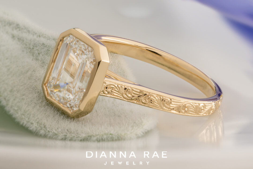 Bezel Set Emerald Diamond Ring with Hand Engraving - Image 2