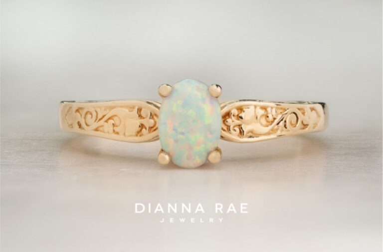 10K Yellow Gold Opal Ring with Floral Engraving