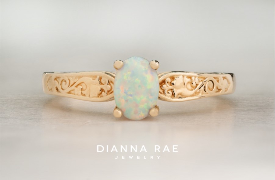 10K Yellow Gold Opal Ring with Floral Engraving
