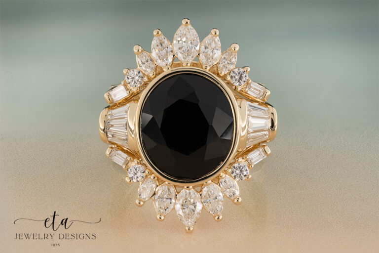 "BONNIE & CLYDE" Bezel Set Onyx Ring with Diamond Ring Guard