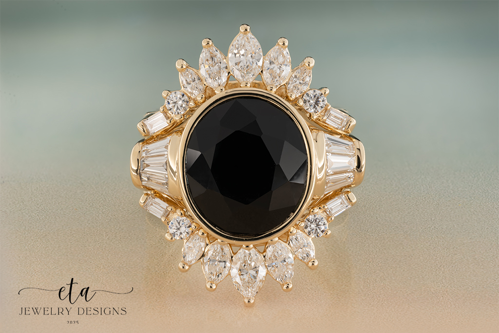 "BONNIE & CLYDE" Bezel Set Onyx Ring with Diamond Ring Guard