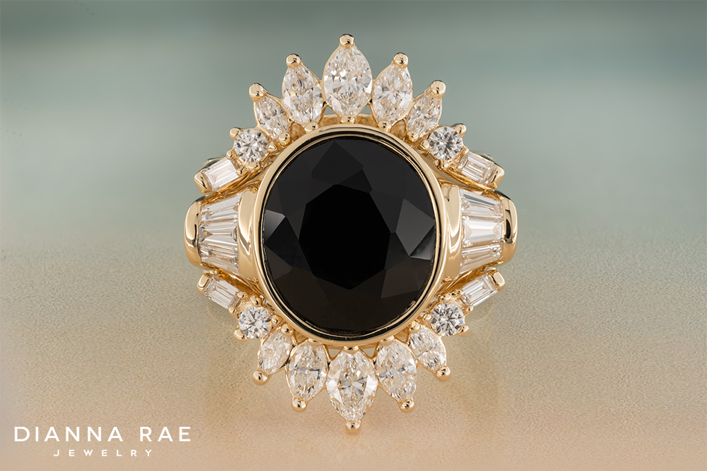 Bezel Set Onyx Ring with Diamond Ring Guard