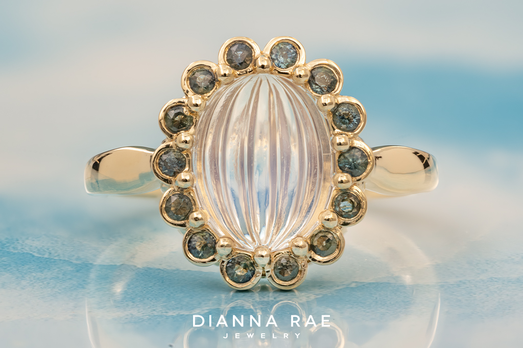 Fluted Moonstone with Montana Teal Sapphire Halo