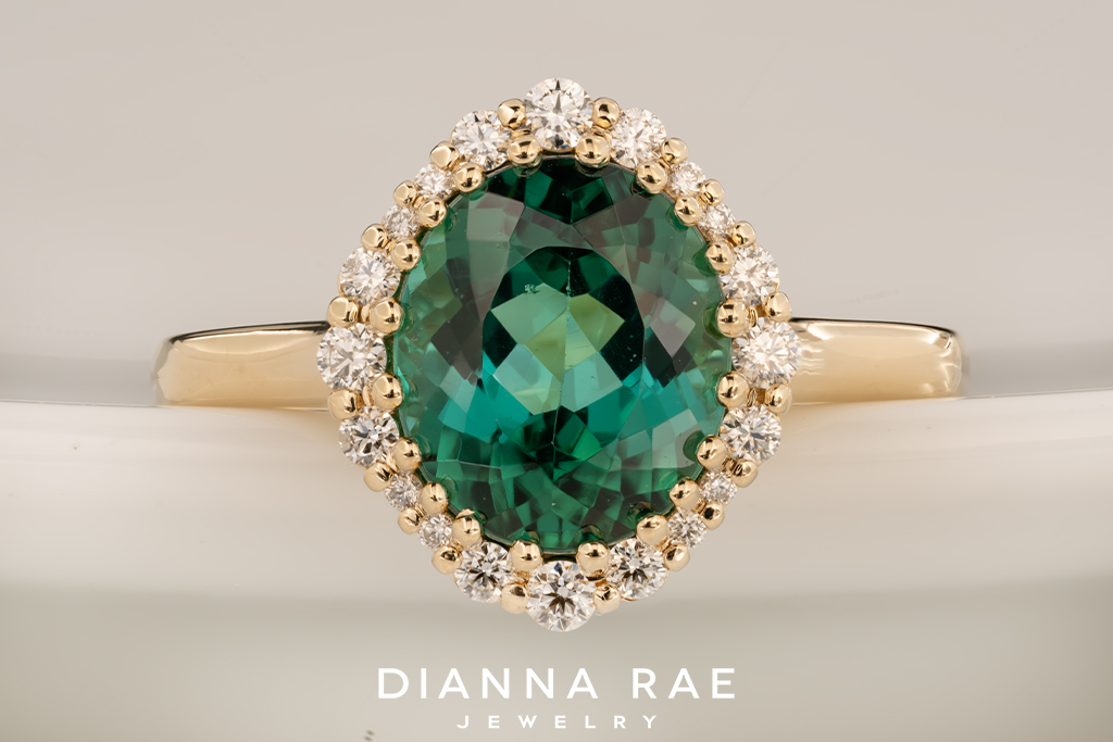 Green Tourmaline Ring with Diamond Halo