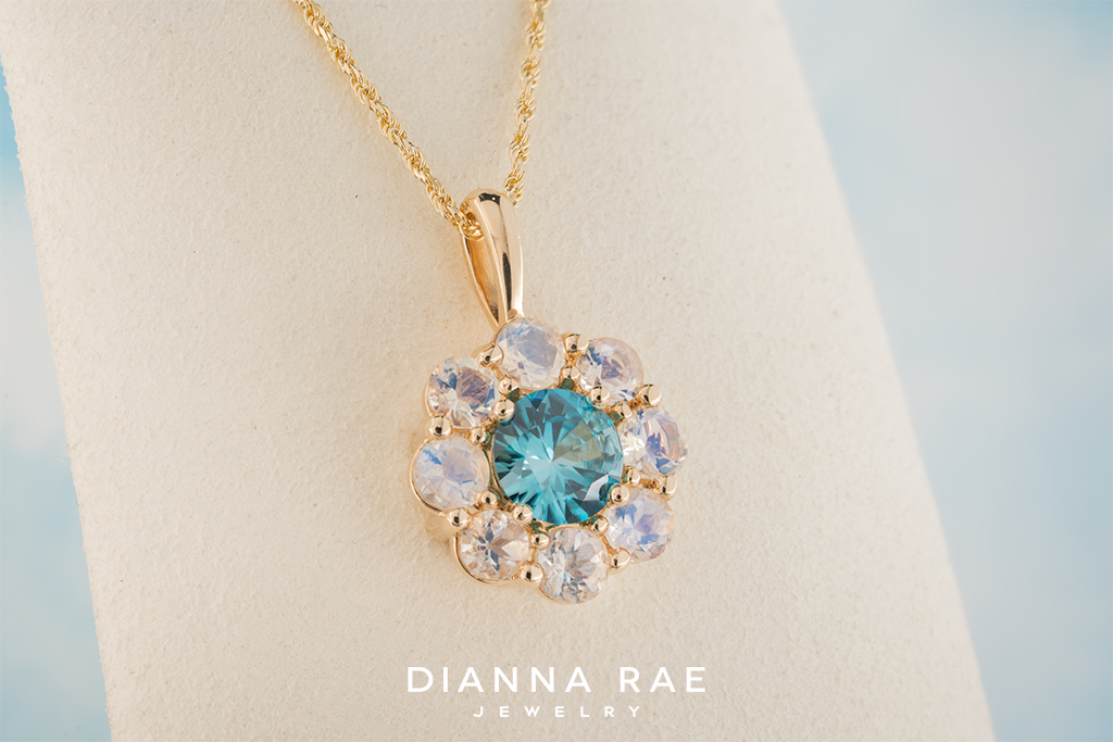 Blue Zircon Pendant with Moonstone Halo