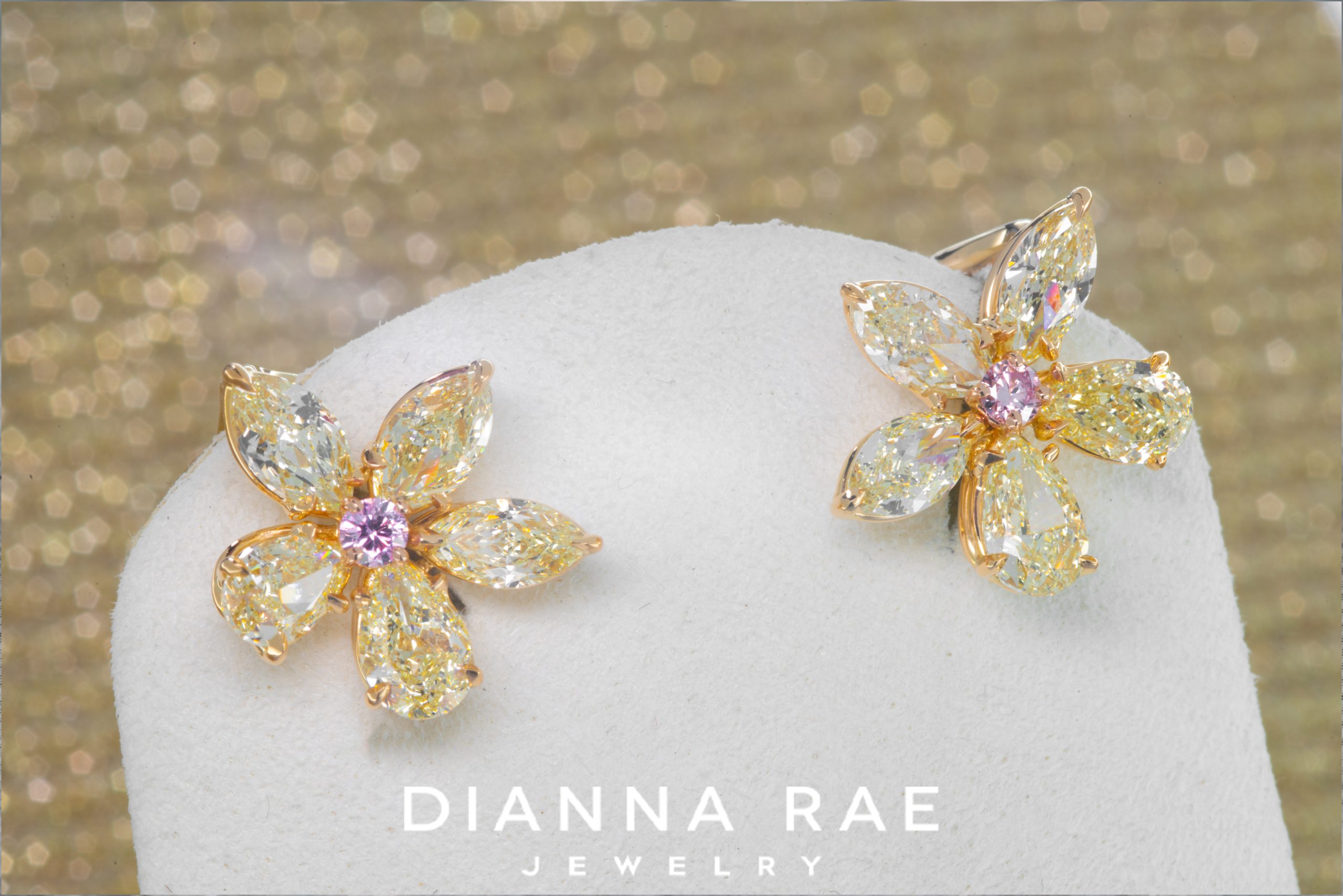 18K Yellow Gold Natural Diamond Earrings with Pink Diamond Centers