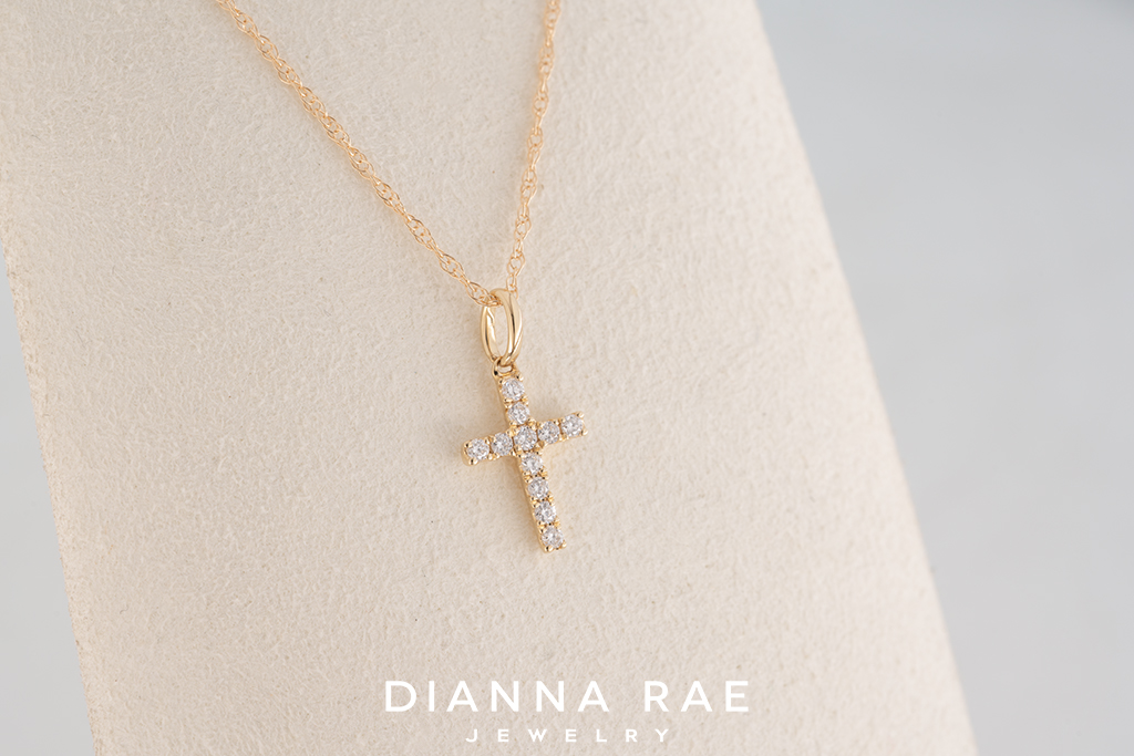 InJewels 14K Solid Yellow Gold Tiny Natural Diamond Cross Pendant Necklace - Dainty Mini 0.02ct - Choose Chain Length