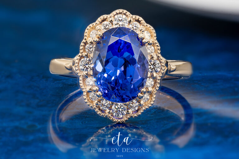 "ASTER" Tanzanite Ring with a Milgrain Diamond Halo
