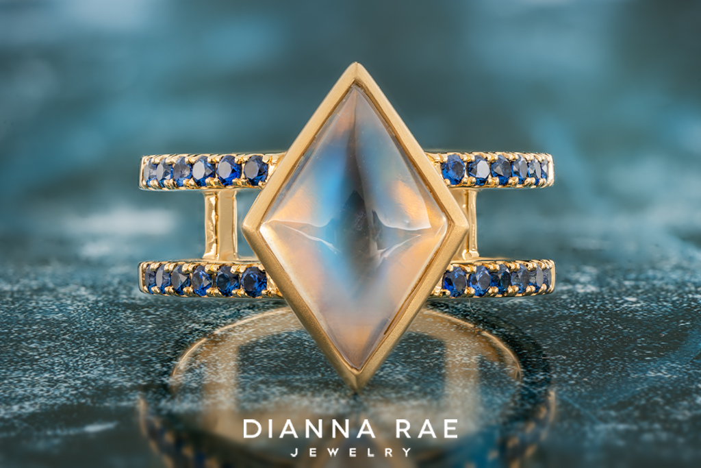 Yellow Gold Moonstone and Sapphire Ring