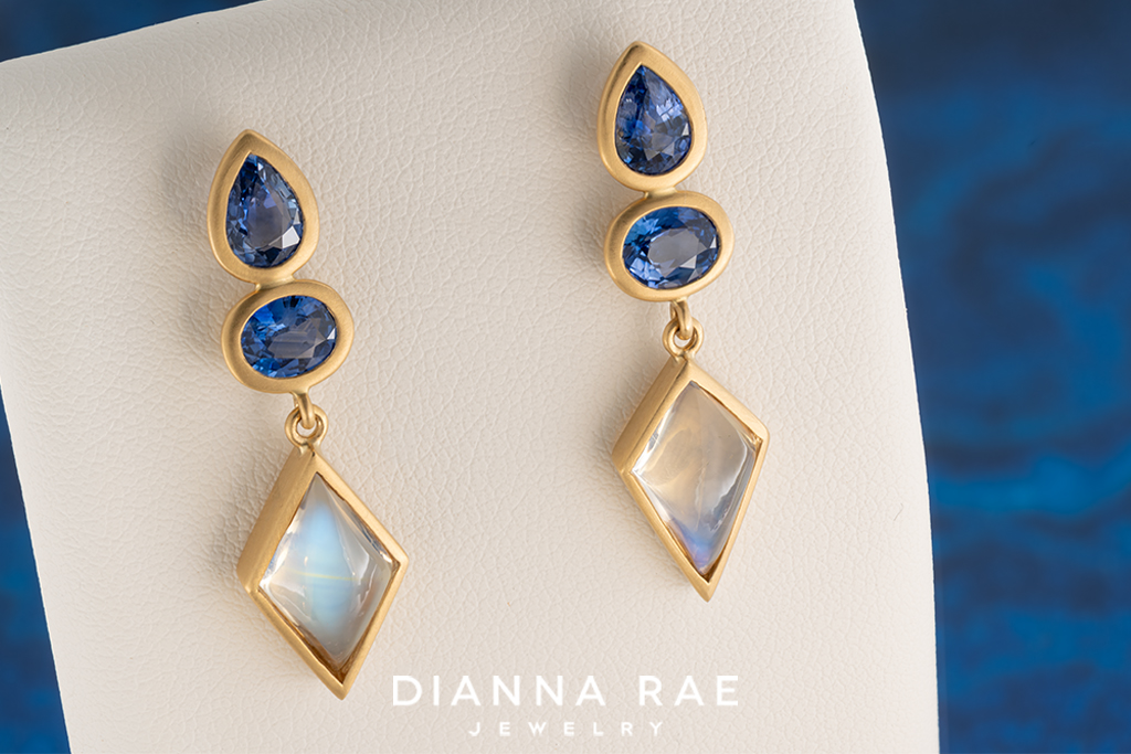 Yellow Gold Sapphire and Moonstone Earrings