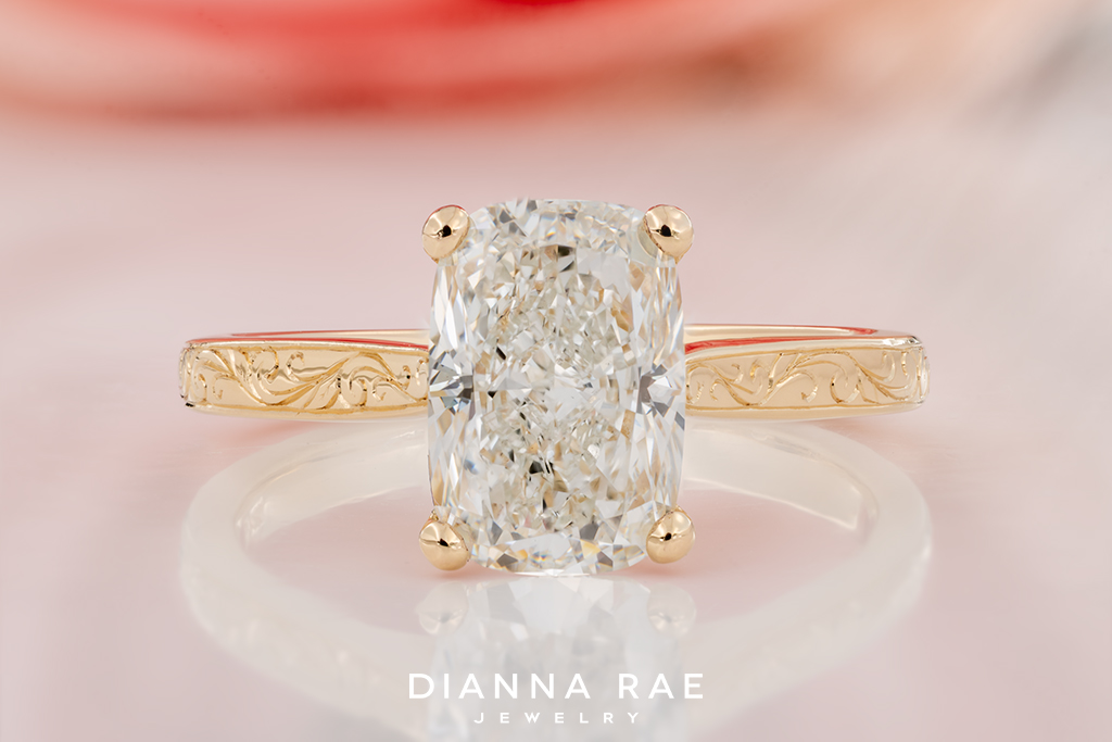 Cushion Solitaire Engagement Ring with Hand Engraving