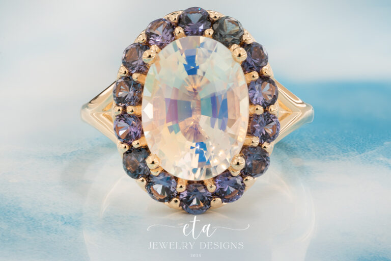 "LUNA" Rainbow Moonstone Ring with Color Change Garnet Halo