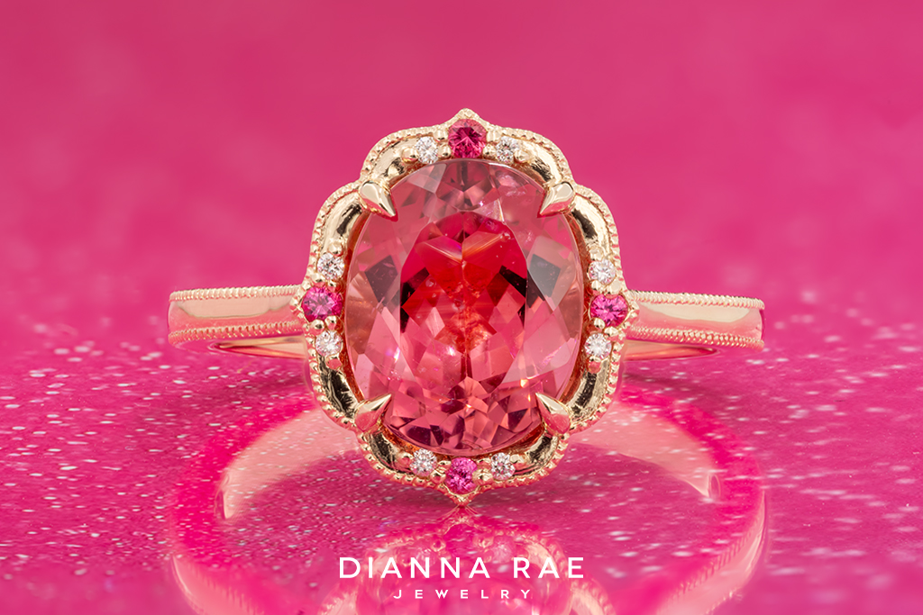 Pink Tourmaline Ring with a Diamond and Pink Spinel Halo