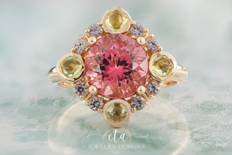 "POLLY" Pink Tourmaline Ring with a Peridot and Spinel Halo
