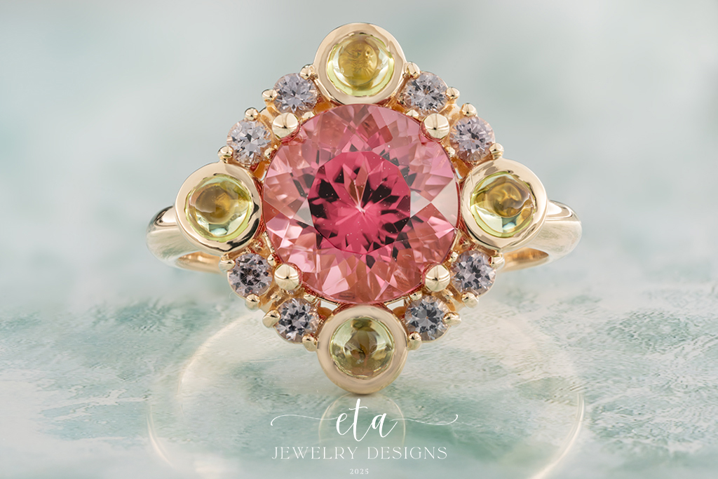 "POLLY" Pink Tourmaline Ring with a Peridot and Spinel Halo