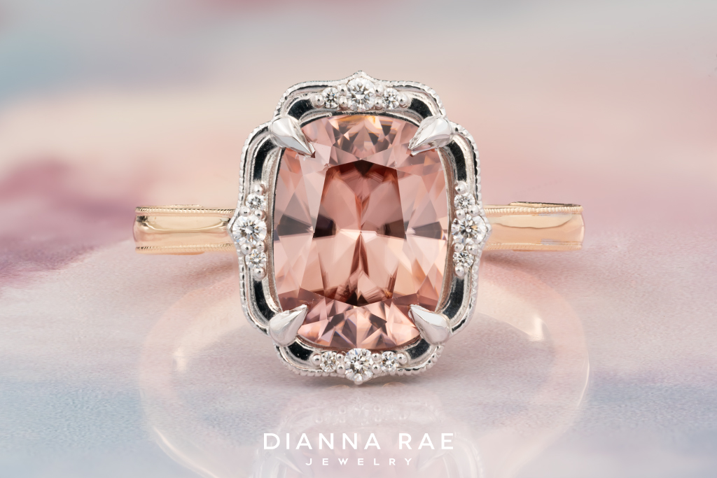 Two Tone Peach Zircon Ring with Diamond Accents
