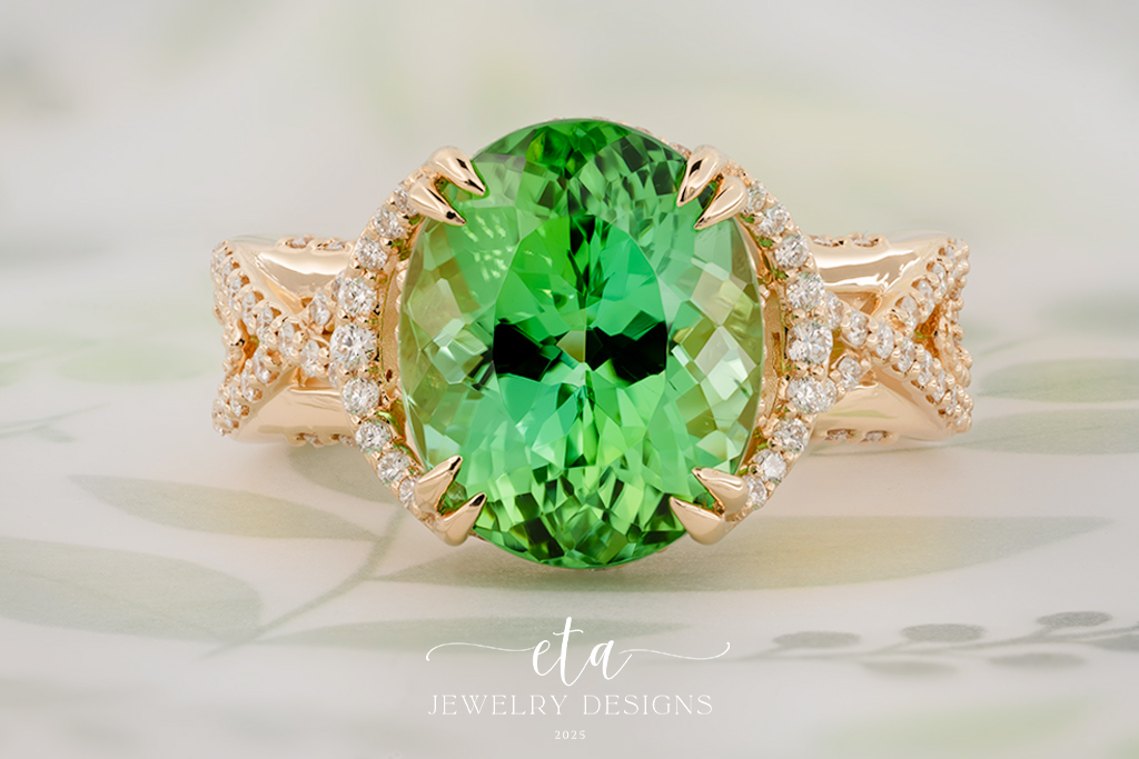 "ESMERALDA" Green Tourmaline Ring with Diamond Accents