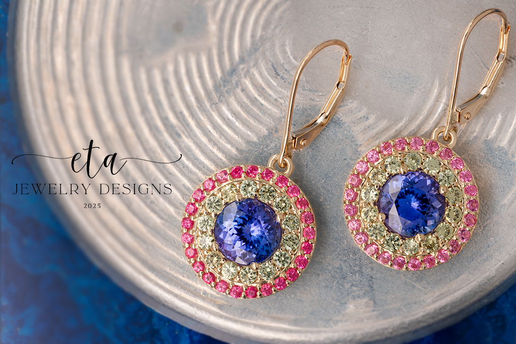 Tanzanite Earrings with Dematoid Garnet and Pink Spinel Halo