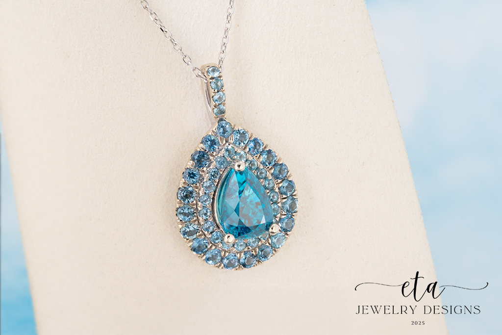 Blue Zircon Pendant with Aquamarine and Blue Topaz Halo