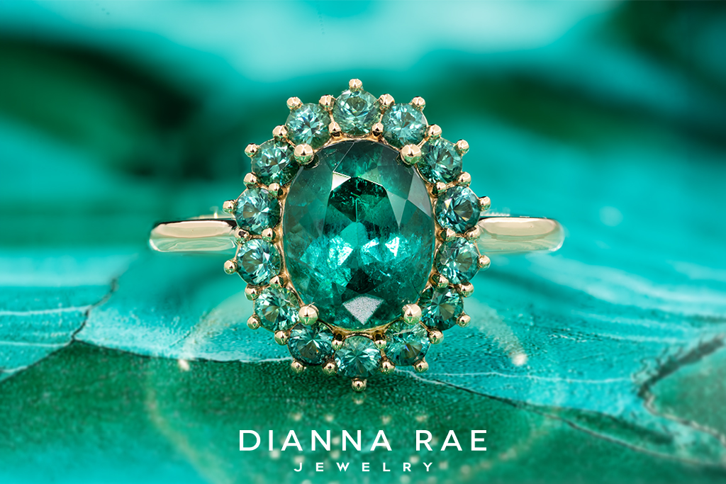 Green Tourmaline Ring with a Lagoon Tourmaline Halo