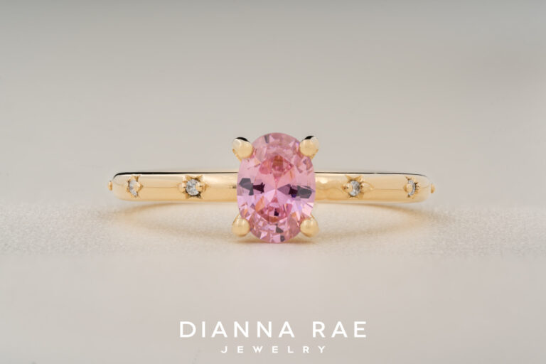 10K Yellow Gold Pink CZ Ring with Diamond Accents
