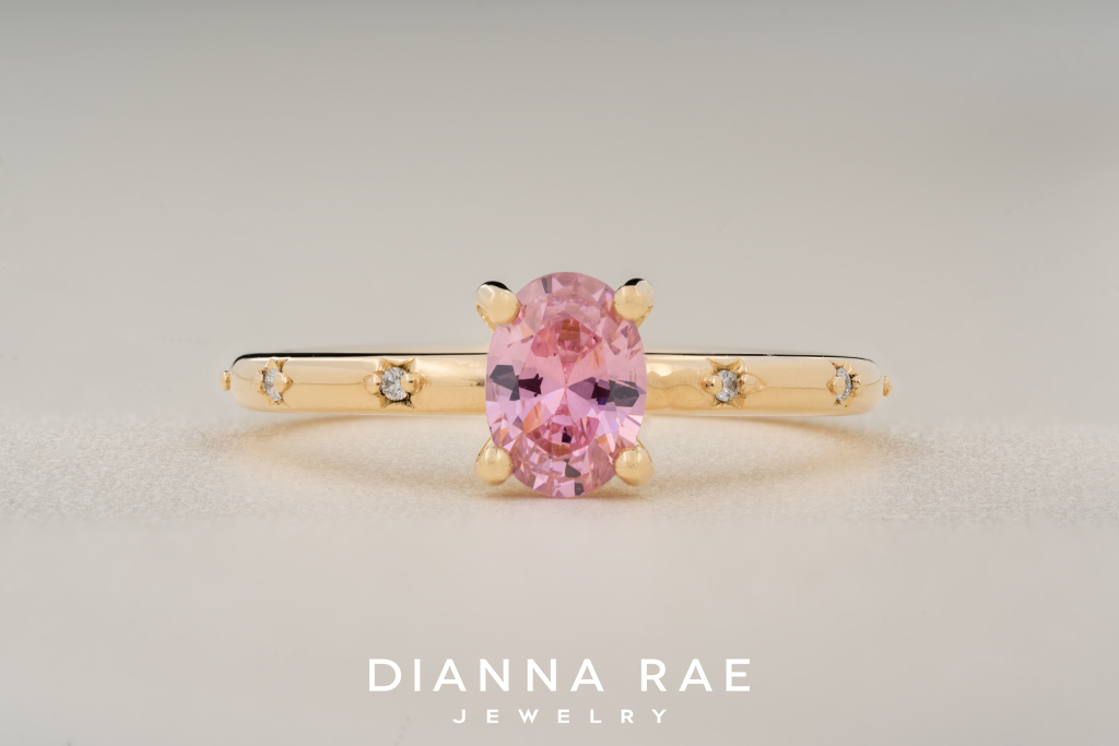 10K Yellow Gold Pink CZ Ring with Diamond Accents