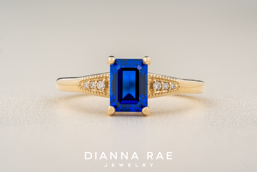 10K Yellow Gold Emerald Cut Imitation Sapphire Ring