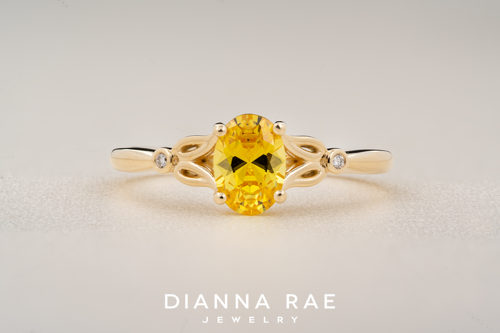 10K Yellow Gold Oval Yellow CZ Ring with Diamond Accents