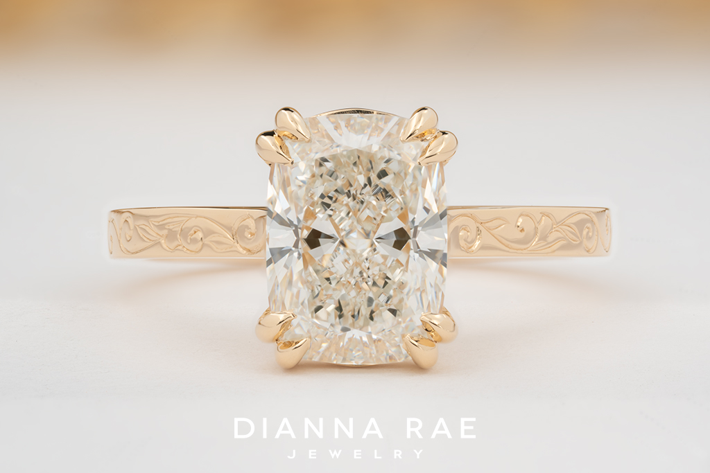Elongated Cushion Cut Engagement Ring with Hand Engraving