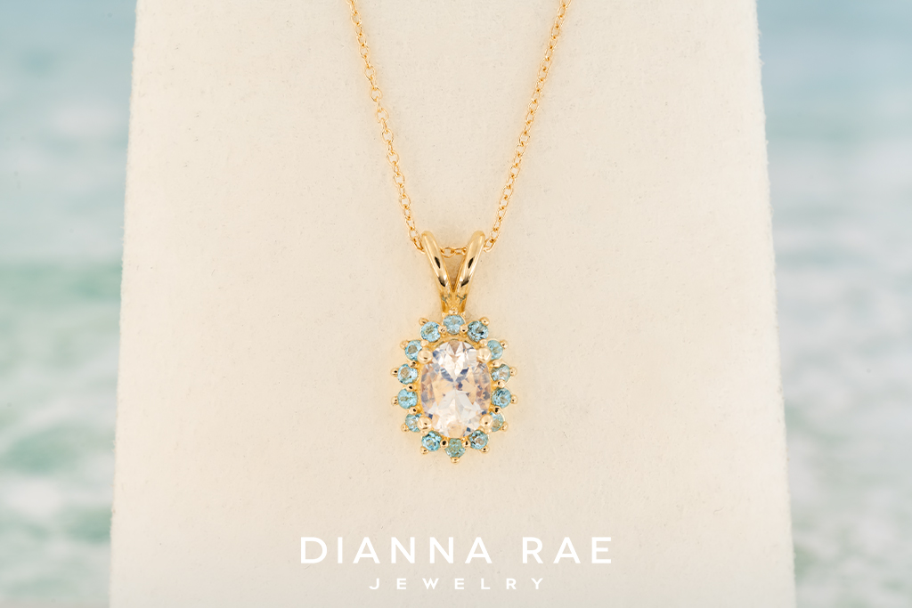 Yellow Gold Moonstone Pendant with Swiss Blue Topaz Halo