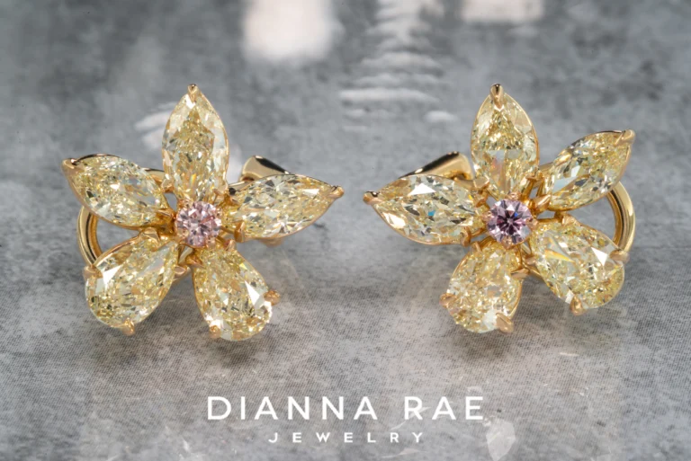 18K Yellow Gold Natural Diamond Earrings with Pink Diamond Centers